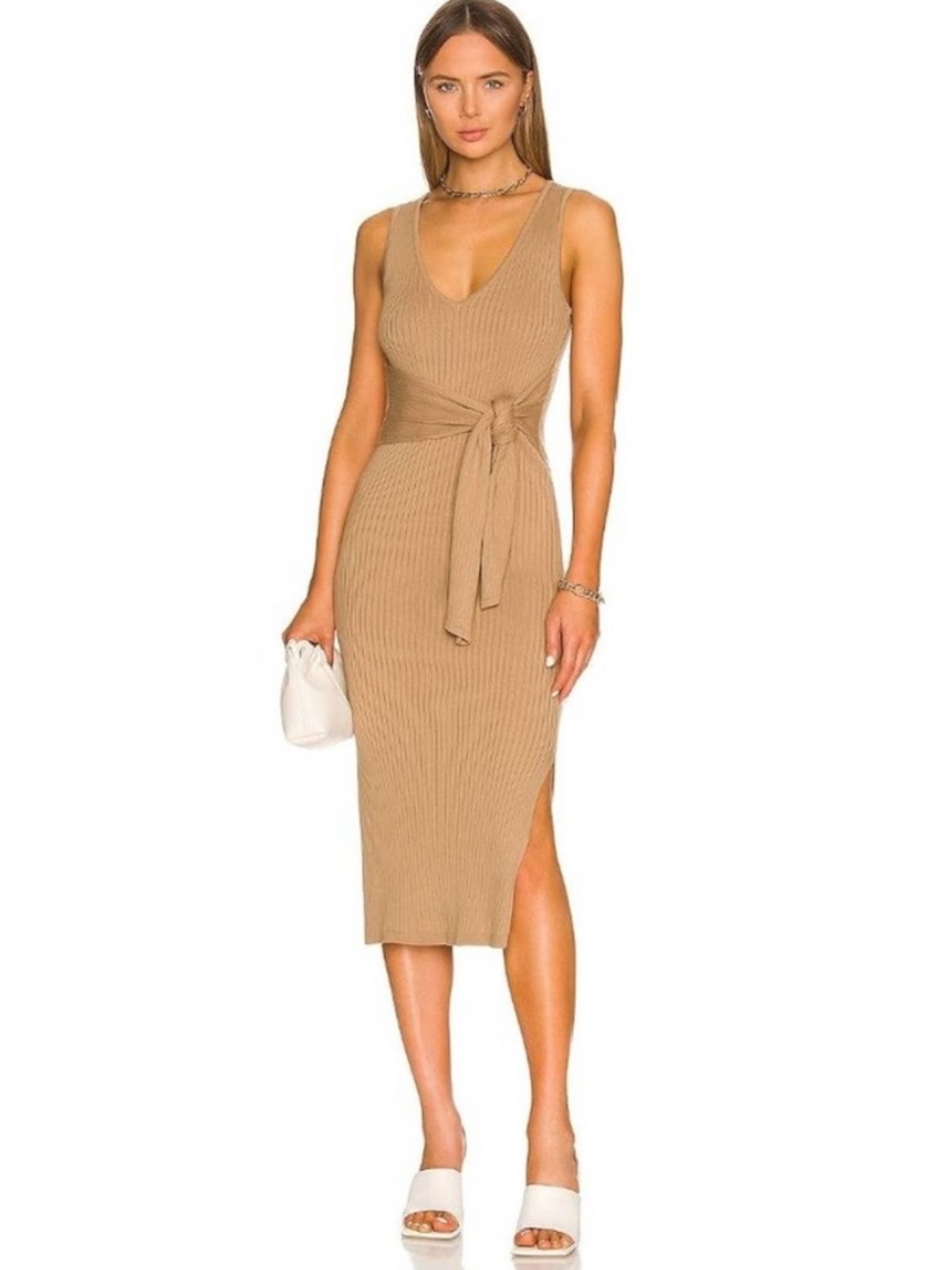 Good American V-Neck Ribbed Knit Belted Body-Con Tank Midi Dress in Camel-S(1)